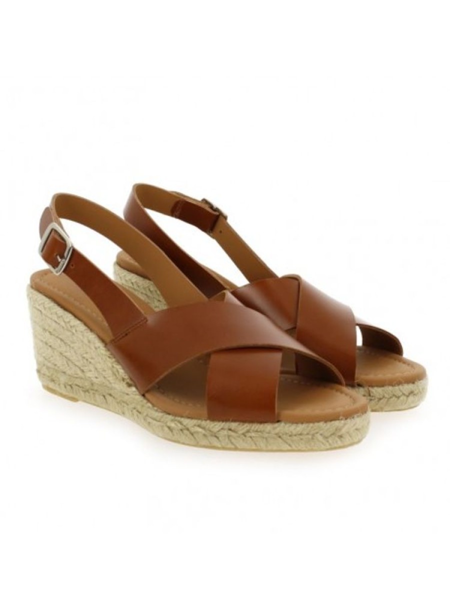 Femme Janie Philip Sandales Compensees | Ishtar Cuir Cognac