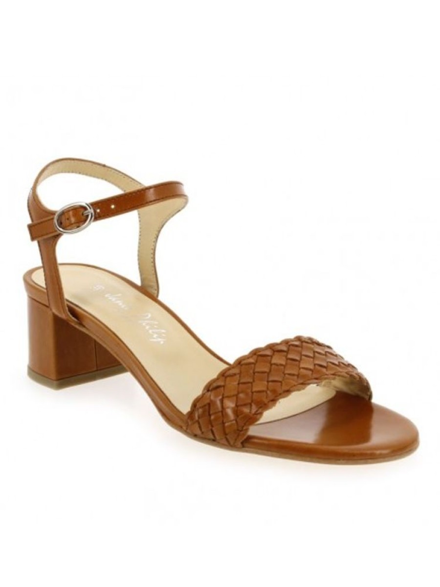 Femme Janie Philip Sandales A Talon | Cassis Cuir Tresse Cognac